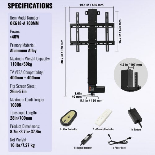 28 Motorized TV Lift Mount Height Adjustable 3865 For Max 50 TVs 132 Lbs Capacity With Remote Contr 7