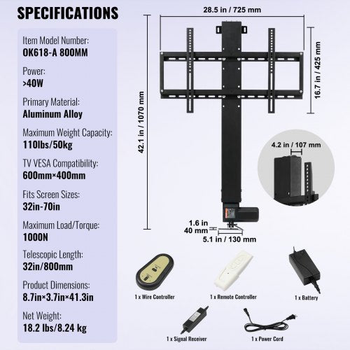 Electric TV Lift Mount 31 Adjustable Stroke Supports 60 TVs 132 Lbs Load RemoteControlled Height Ad 7