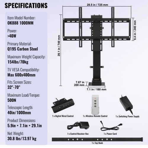 Motorized TV Lift 35 Stroke Length Fits 3265 TVs Height Adjustable 287642 154 Lbs Capacity 5