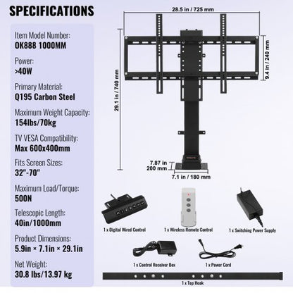 Motorized TV Lift 35 Stroke Length Fits 3265 TVs Height Adjustable 287642 154 Lbs Capacity 5