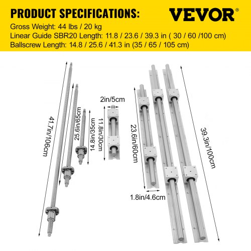 CNC Linear Rail & Ballscrew Set, SBR Rails CNC Kit Linear Shaft Optical Axis for Precision Machine Builds