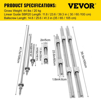 CNC Linear Rail & Ballscrew Set, SBR Rails CNC Kit Linear Shaft Optical Axis for Precision Machine Builds