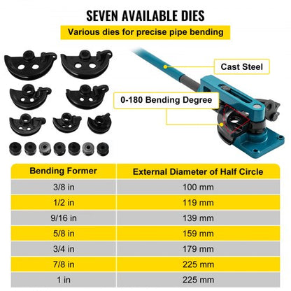 Heavy Duty Pipe Tube Bender Set with Steel Dies, Manual Tube Bending Machine for Steel, Metal, Copper, Workshop Use
