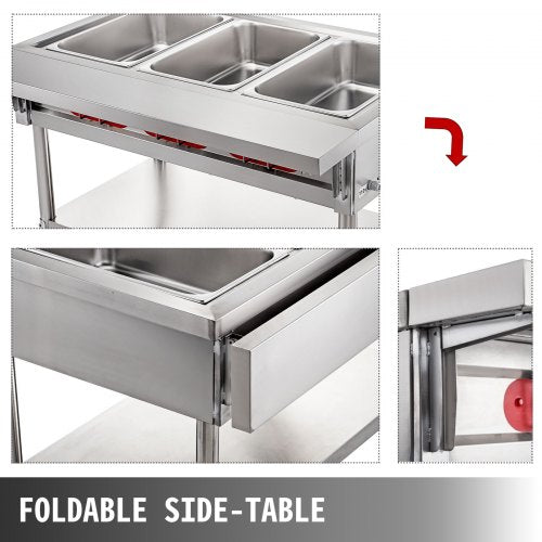 Commercial Electric Food Warmer Pot Steam Table Food Warmer Quart/Pan with Lids, Cutting Board, Stainless Steel Counter