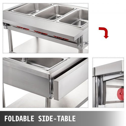 Commercial Electric Food Warmer Pot Steam Table Food Warmer Quart/Pan with Lids, Cutting Board, Stainless Steel Counter