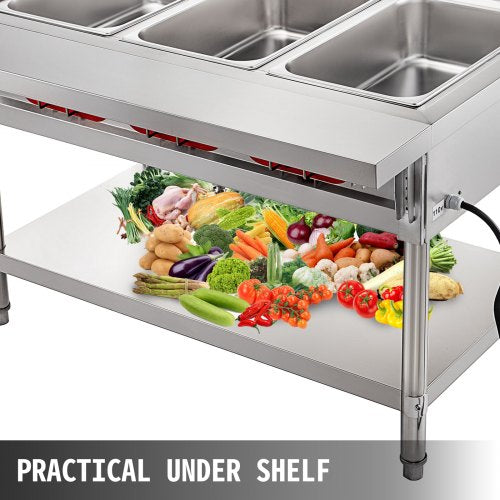 Commercial Electric Food Warmer Pot Steam Table Food Warmer Quart/Pan with Lids, Cutting Board, Stainless Steel Counter