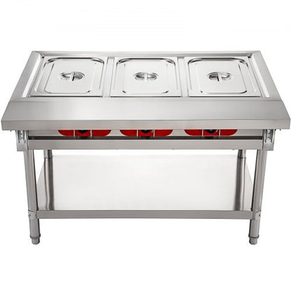 Commercial Electric Food Warmer Pot Steam Table Food Warmer Quart/Pan with Lids, Cutting Board, Stainless Steel Counter