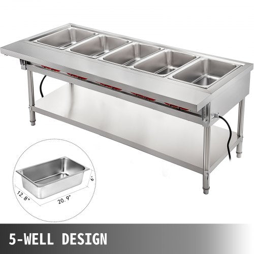 Commercial Electric Food Warmer Pot Steam Table Quart/Pan with Lids, Cutting Board, Food Grade Stainless Steel Serving