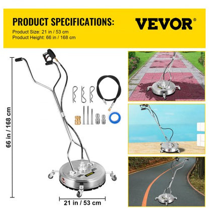 Commercial Pressure Washer Surface Cleaner with Nozzles, 4000 PSI Max, Stainless Steel Frame, Swivel Dual Handle