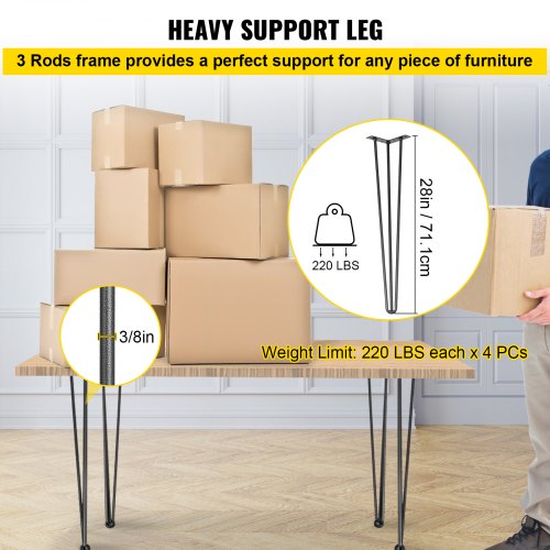 Heavy Duty Hairpin Desk Legs, Black Carbon Steel Rod Table Legs, Load 880lbs for Bench, Dining Table, DIY Furniture