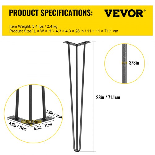 Heavy Duty Hairpin Desk Legs, Black Carbon Steel Rod Table Legs, Load 880lbs for Bench, Dining Table, DIY Furniture