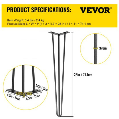 Heavy Duty Hairpin Desk Legs, Black Carbon Steel Rod Table Legs, Load 880lbs for Bench, Dining Table, DIY Furniture