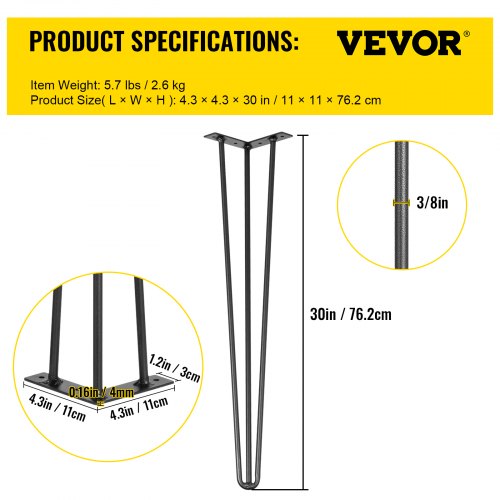 Hairpin Desk Legs, Rod Carbon Steel Black Furniture Legs, 220lbs Each Load Capacity for Table, Bench, DIY Heavy Duty