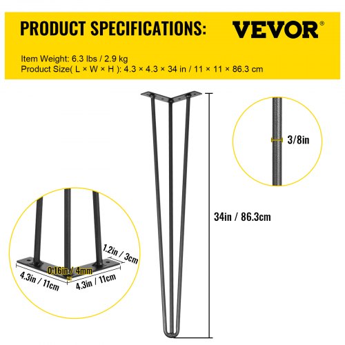 Hairpin Desk Legs, Black Rod Carbon Steel Furniture Legs, 880lbs Load Capacity for DIY Desk, Dining Table, Bench
