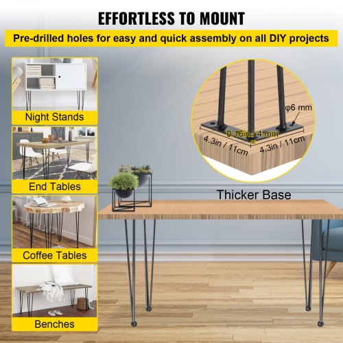 Hairpin Table Legs Black Set, Desk Legs, Rod Carbon Steel DIY Heavy Duty Furniture Legs for Desk, Bench, Tablle, Chairs