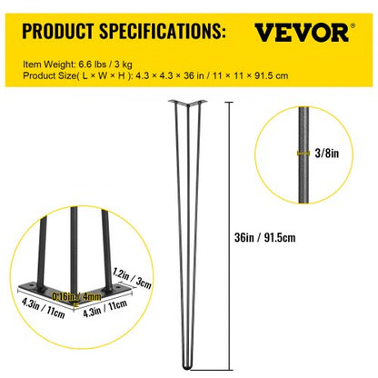 Hairpin Table Legs Black Set, Desk Legs, Rod Carbon Steel DIY Heavy Duty Furniture Legs for Desk, Bench, Tablle, Chairs