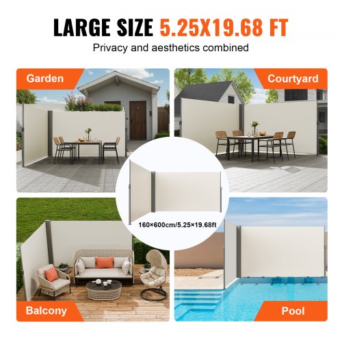 63x236 Inch Retractable Side Awning Beige UV30 Privacy Screen With Aluminum Frame  Patio Wind  Sun  6