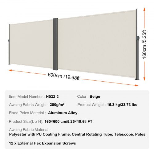63x236 Inch Retractable Side Awning Beige UV30 Privacy Screen With Aluminum Frame  Patio Wind  Sun  7