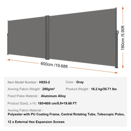 71x236 Retractable Side Awning Full Aluminum RustProof Patio Sunshine Screen Outdoor Privacy Divide 7
