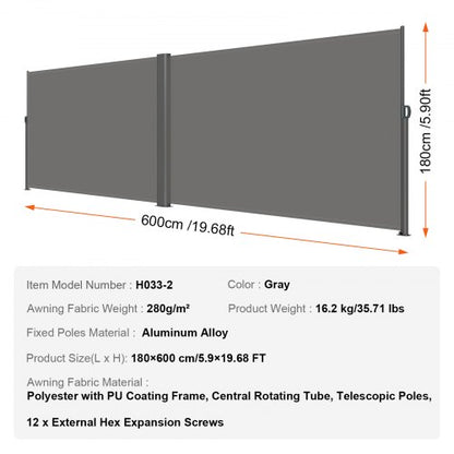 71x236 Retractable Side Awning Full Aluminum RustProof Patio Sunshine Screen Outdoor Privacy Divide 7