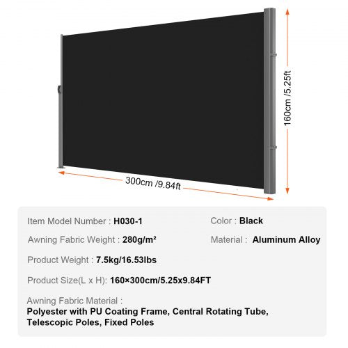 Retractable Side Awning Full Aluminum RustProof Outdoor Privacy Screen  Patio Wind Blocker With Sun 7