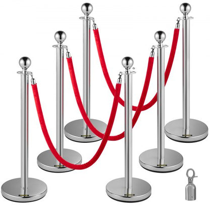 6 PCS Silver Stanchions Posts Stainless Steel Queue Post With Red Velvet Rope 38In Indoor  Outdoor  1