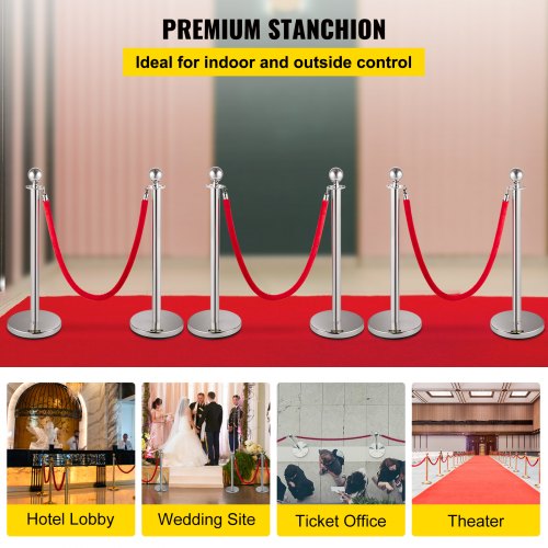 6 PCS Silver Stanchions Posts Stainless Steel Queue Post With Red Velvet Rope 38In Indoor  Outdoor  2