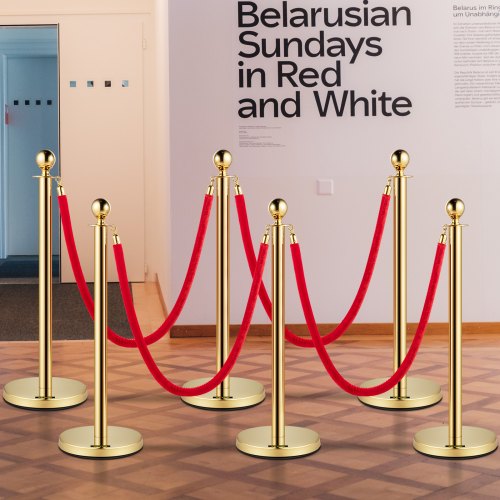 Stainless Steel Stanchion Queue Post (6 PCS Gold), Premium Crowd Control Barriers with 5FT Red Ropes