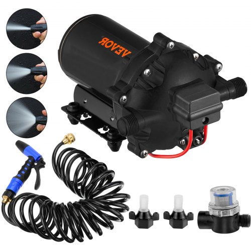 RV Water Pump 12V – 5.5 GPM 70PSI Automatic Diaphragm Pump with 25FT Coiled Hose, Marine Washdown Kit for Boats, Yachts