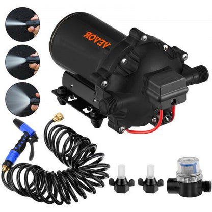 RV Water Pump 12V – 5.5 GPM 70PSI Automatic Diaphragm Pump with 25FT Coiled Hose, Marine Washdown Kit for Boats, Yachts