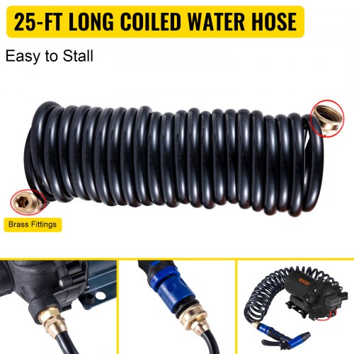 RV Water Pump 12V – 5.5 GPM 70PSI Automatic Diaphragm Pump with 25FT Coiled Hose, Marine Washdown Kit for Boats, Yachts