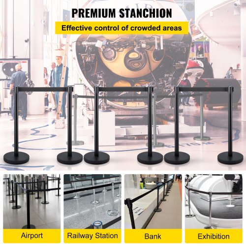 Stainless Steel Stanchion Posts 6 PCS Black Retractable Belt Barriers 4Way Adjustable Queue System  2