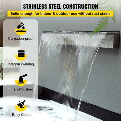 Stainless Steel Pool Waterfall Spillway, Rectangular Outdoor Fountain with Pipe Connector for Garden, Patio, Pond