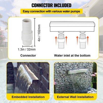 Stainless Steel Pool Waterfall Spillway, Rectangular Outdoor Fountain with Pipe Connector for Garden, Patio, Pond