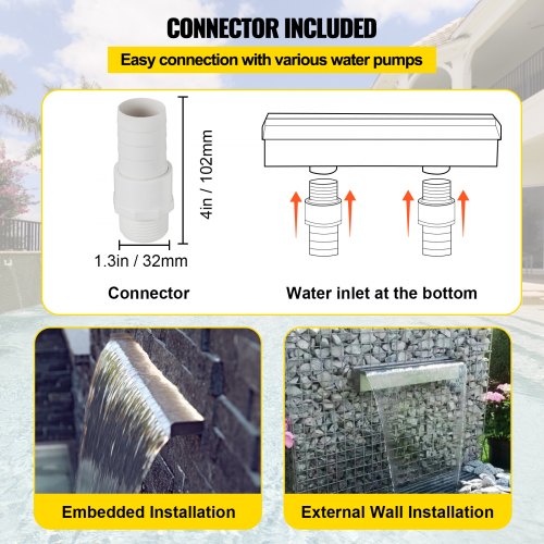 Pool Fountain Stainless Steel Pool Waterfall, Rectangular Garden Outdoor Waterfall Spillway with Pipe Connector