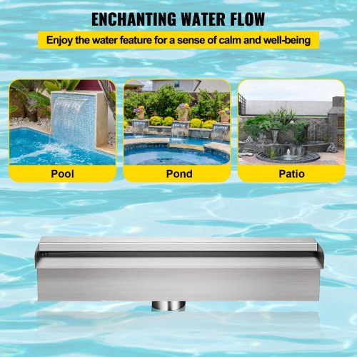 Pool Fountain Stainless Steel Waterfall Spillway with Pipe Connector, Rectangular Cascade Blade for Garden, Patio