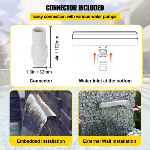 Pool Fountain Stainless Steel Waterfall Spillway with Pipe Connector, Rectangular Cascade Blade for Garden, Patio