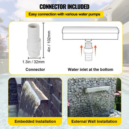 Pool Fountain Stainless Steel Waterfall Spillway with Pipe Connector, Rectangular Cascade Blade for Garden, Patio