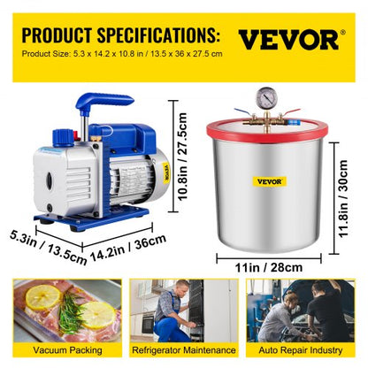 Dual Stage Vacuum Pump CFM with Gallon Chamber & Manifold Gauge Hose Kit, Air Conditioning Vacuum Pump for HVAC