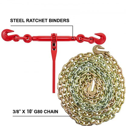 Heavy-Duty Chain and Binder Kit, Working Strength Ratchet Load Binders with G70 Chains For Truck Tie Down