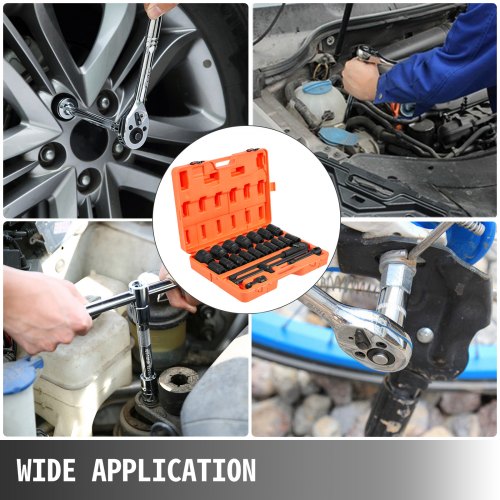 Impact Socket Set Drive, Deep Impact Standard SAE Socket Assortment with Extensions, Sliding T-Bar & Ratchet Handle