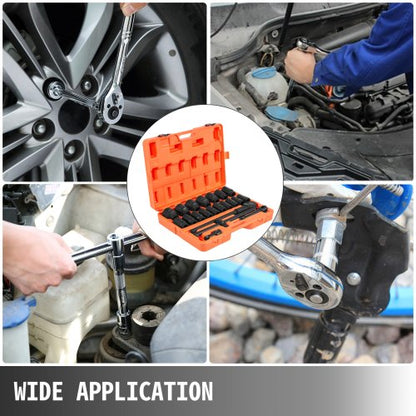 Impact Socket Set Drive, Deep Impact Standard SAE Socket Assortment with Extensions, Sliding T-Bar & Ratchet Handle