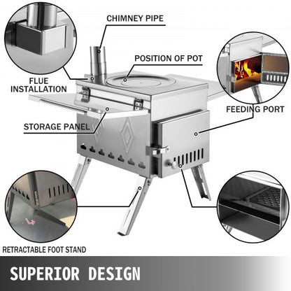 304 Stainless Steel Tent Wood Stove, 113-Inch Portable Camping Stove with Foldable Chimney for Heating, Cooking