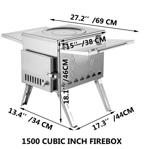 304 Stainless Steel Tent Wood Stove, 113-Inch Portable Camping Stove with Foldable Chimney for Heating, Cooking