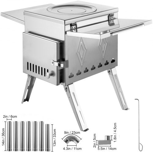 304 Stainless Steel Tent Wood Stove, 113-Inch Portable Camping Stove with Foldable Chimney for Heating, Cooking