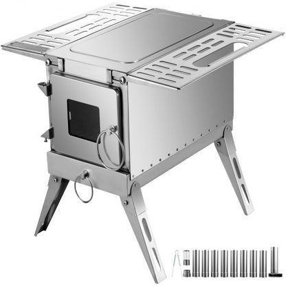 304 Stainless Steel Tent Wood Stove, 90.6-Inch Portable Camping Stove with Foldable Chimney for Heating, Cooking