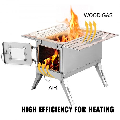 304 Stainless Steel Tent Wood Stove, 90.6-Inch Portable Camping Stove with Foldable Chimney for Heating, Cooking