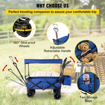 Extra Large Collapsible Garden Cart With Removable Canopy HeavyDuty Folding Wagon With 360 Wheels   6