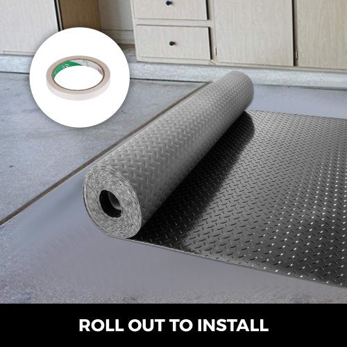 PVC Garage Floor Mats Rolls, Thick Garage Mat for Under Car, Trailer, Gym & Workshop, Waterproof Black Diamond Flooring