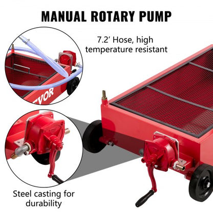 Low Profile Oil Drain Pan, Large Capacity Gallon Oil Drain Tank with Manual Pump, Hose, Heavy-Duty Wheels & Folding